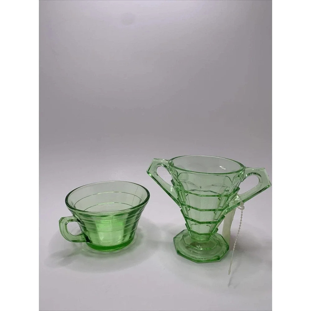 Vintage Green Depression Uranium Glass Cream and Sugar Set